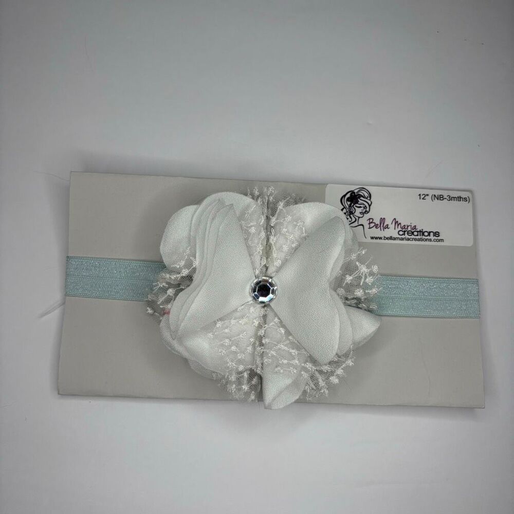 Handmade Elastic Baby Girl Headband Blue Large White Flower Rhinestone 12” NB-3M